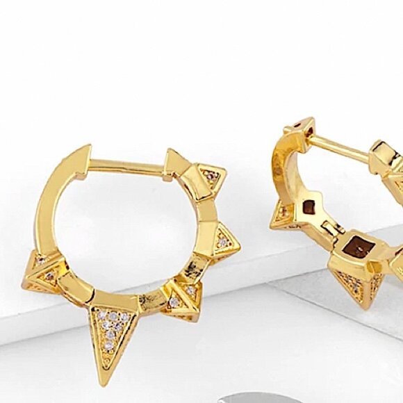 Gold Zircon Spiked Minimalist Earrings, Hoop, Huggie - Picture 7 of 9